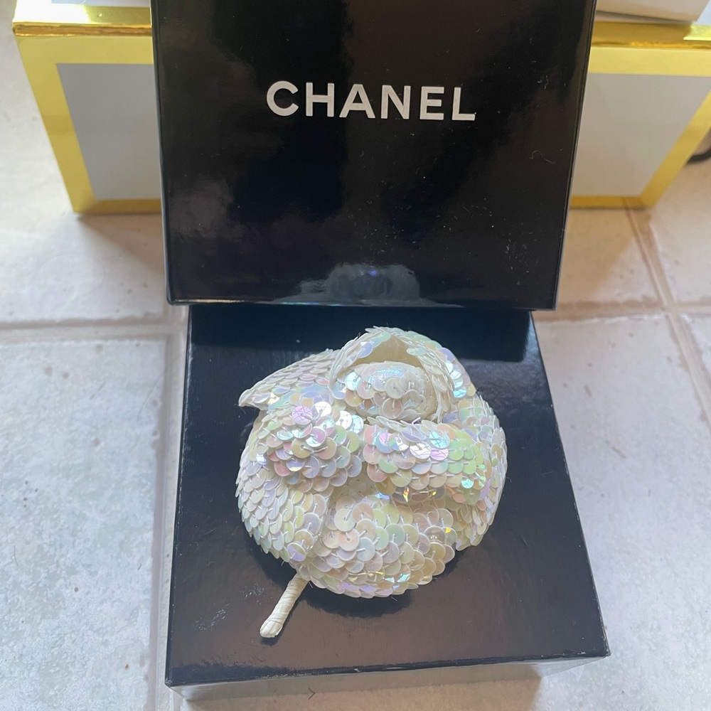 Chanel white sequin camellia flower brooch pin